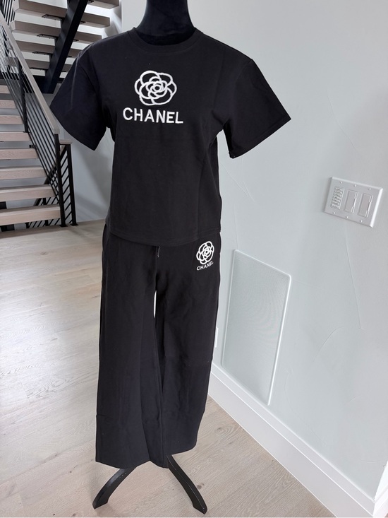 CHANEL Pants - Black Wide-Leg Logo Pants and Tee Set size S